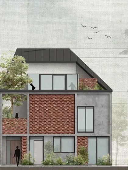 An illustrated elevation of a house in the Kolgaon Masterplan. The drawing highlights the modular patchwork of brick and concrete, the sloping roof, and the integrated green terraces that define this new townhouse typology.