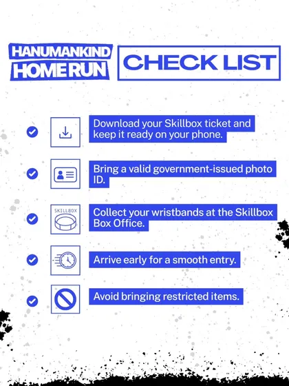 A helpful pre-show checklist for attendees of the Hanumankind Home Run tour in Kochi.