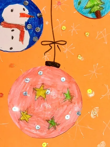 Pretty Christmas ornaments! This piece features a snowman and sparkly baubles, created by one of my young students.
