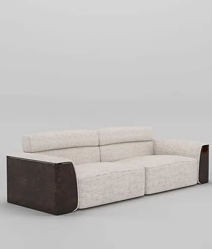 A three-quarter view of our dual-tone sofa, highlighting its generous proportions and the beautiful contrast of materials that define its modern aesthetic.