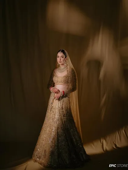 A full-length bridal portrait of Malvika, captured with dramatic studio lighting. The play of light and shadow creates a moody, high-fashion look that emphasizes the silhouette and sparkle of her gown.
