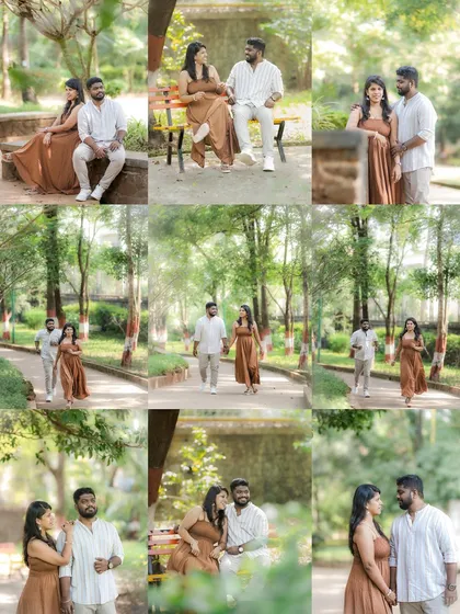 A collage of photos from the park shoot, showcasing a variety of candid and posed moments, from sitting on a bench to walking hand-in-hand.