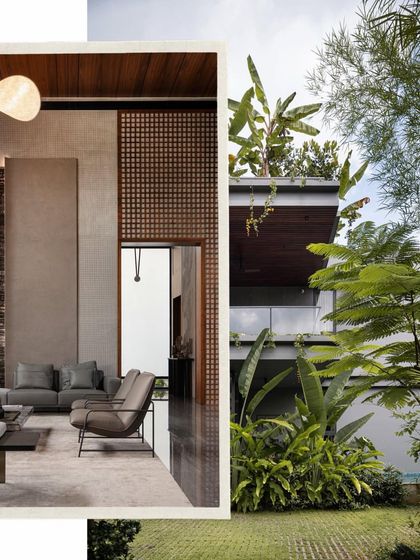 A collage showcasing 'Tropis', a contemporary family home in Kozhikode that blends modern living with lush, tropical landscaping.