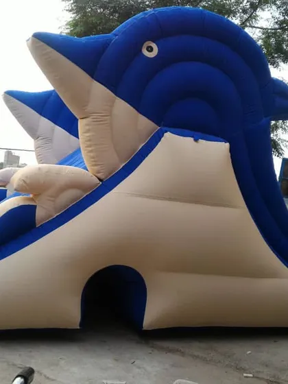 A clear view of the Dolphin inflatable water slide available for rent. It is a large, sturdy slide that is very popular for children's parties in Mumbai.