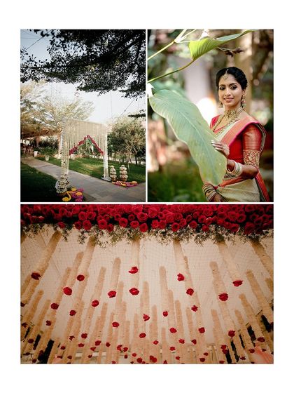A collage showcasing the different elements of a wedding we planned, from the bride's portrait to the decor details like the floral canopy.