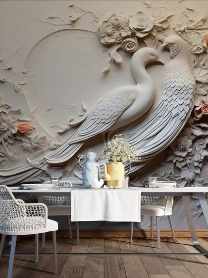 A romantic 3D embossed wallpaper of two doves forming a heart shape, surrounded by flowers. A perfect design for a dining area or bedroom.