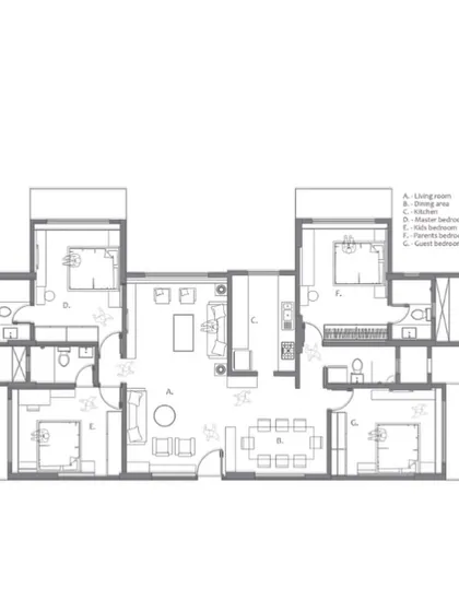 The architectural floor plan of the Virali Villa, showing the layout of the living spaces, bedrooms, and kitchen.