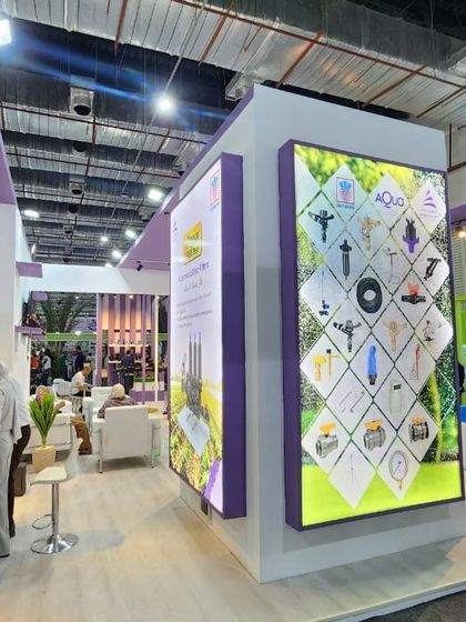 Our product displays at the Sahara Expo in Egypt, featuring a wide range of sprinklers, filters, and valves, demonstrating our comprehensive offerings.