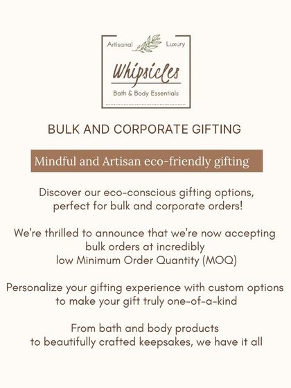 This card outlines our bulk and corporate gifting services. We offer mindful, artisan, and eco-friendly options with low minimum order quantities and full customization to make your gift one-of-a-kind.