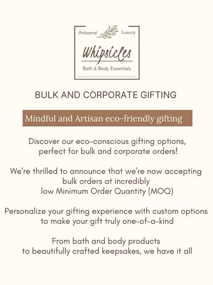 This card outlines our bulk and corporate gifting services. We offer mindful, artisan, and eco-friendly options with low minimum order quantities and full customization to make your gift one-of-a-kind.