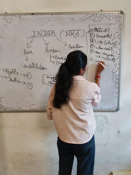 A participant maps out the structure of the Indian government and constitution on a whiteboard. Our sessions combine creative arts with civic education to make learning engaging.