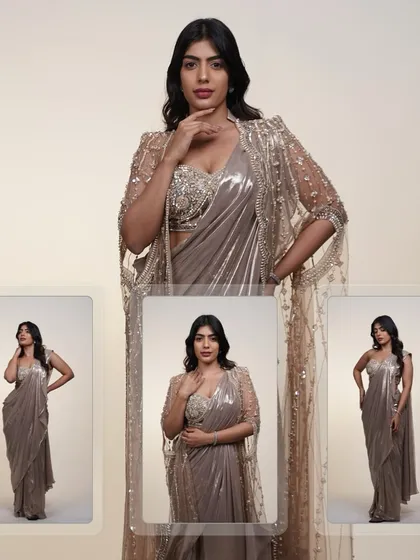 A collage of our metallic pre-draped saree with its matching cape, showing off the full, glamorous look.