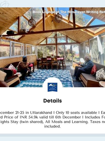 The interior of our book lounge, a space for learning and relaxation. This image shows the details for an upcoming masterclass, including the early bird price and what's included.