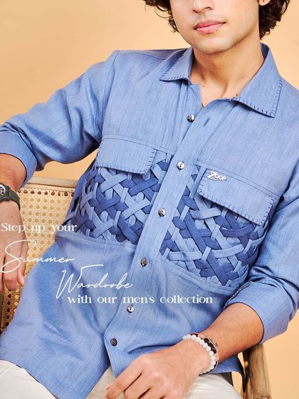 Step up your summer wardrobe with my Bunaee men's collection. This image highlights the textured detail of our blue linen shirt, a perfect blend of craft and style.