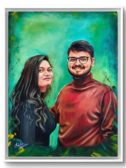 The finished 12" x 18" couple portrait, framed and ready to be gifted. A timeless piece of custom art.