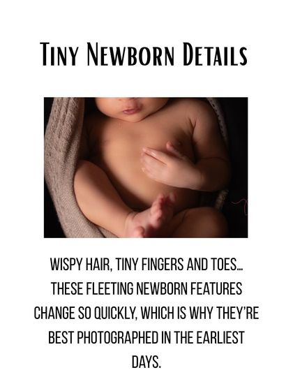 Wispy hair, tiny fingers, and toes. This image explains why capturing these fleeting newborn features in the earliest days is so important, as they change so quickly.