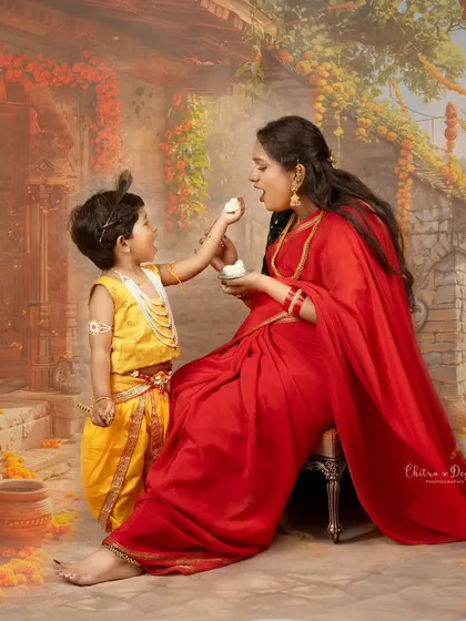 A beautiful recreation of the classic Yashoda and Krishna story, showing a mother and her son in a themed setting. We work with clients to bring their creative concepts and cultural stories to life in our photography.