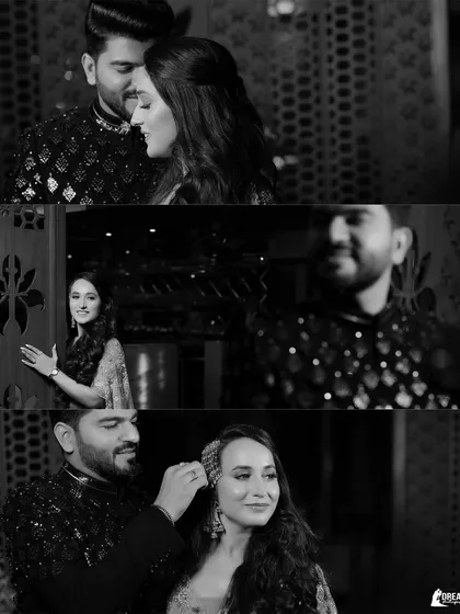 A triptych of black and white candid moments between Bharat and Manya, capturing their sweet interactions.