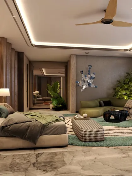 Another angle of the opulent bedroom, showing the interplay of textures from the tufted bed, the patterned bench, and the abstract rug. The design uses a rich color palette and atmospheric lighting to create a sense of modern luxury.