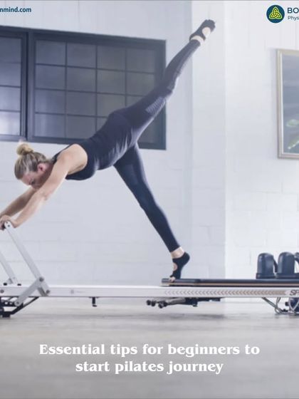 This image provides essential tips for beginners starting their Pilates journey. The focus is on learning foundational movements and building a strong mind-body connection on equipment like the Reformer.
