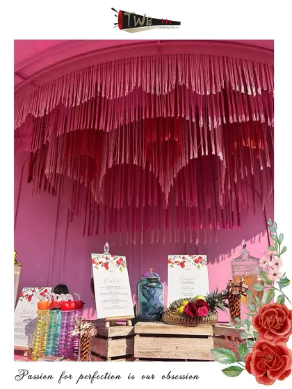A vibrant pink-themed brunch bar at the Fairmont, complete with custom menus and colorful glassware.