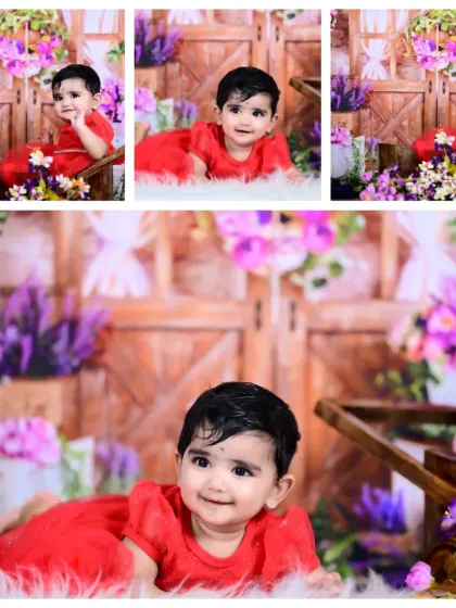 A collage of a baby girl in a red dress in a floral setup.