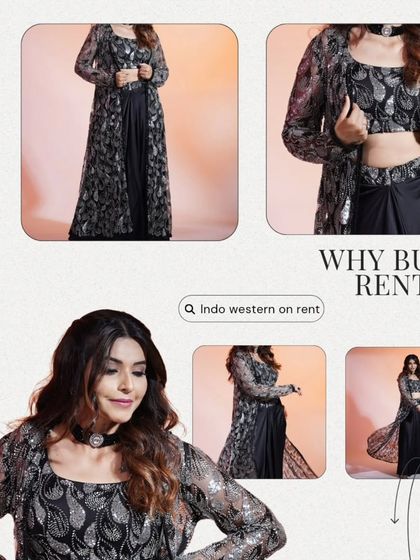 Why buy? Rent! A graphic showcasing a stylish black Indo-Western set, perfect for any modern fashionista.