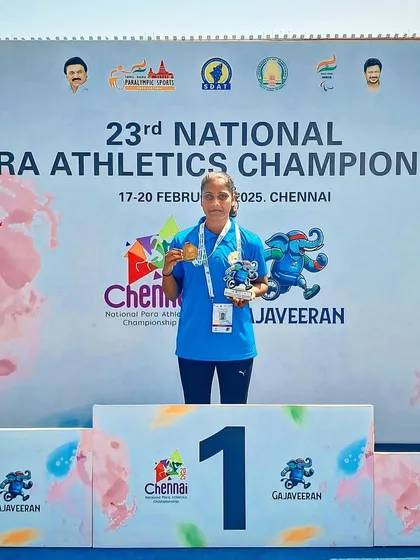 This is what victory looks like. Our para-athlete Gangavva stands proudly on the number one podium after winning gold in the Javelin Throw at the National Para Athletic Championship. We are with our athletes every step of the way.