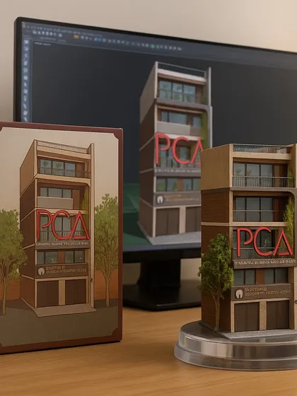 A collectible figurine of my Mukherjee Nagar Residence project, showcasing the tangible, artistic quality of my architectural designs. This miniature model translates the full-scale building into a piece of collectible art, demonstrating the design's strong form and character.