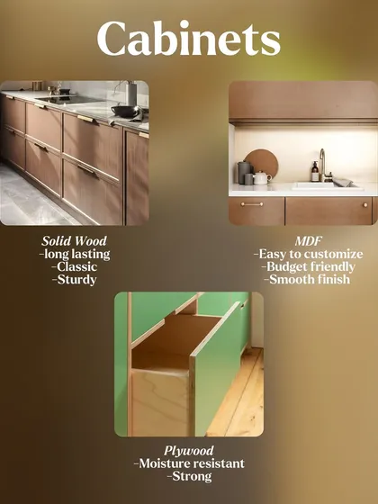A quick guide to our cabinet material options: long-lasting solid wood, customizable MDF, and strong, moisture-resistant plywood.