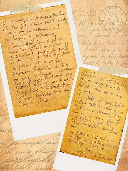 A glowing handwritten review from Gaurav, who came for a simple cover-up and left with a masterpiece and an unforgettable experience.