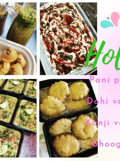An example of our Holi special menu. We create custom menus for festivals, featuring items like Pani Puri, Dahi Vada, Kanji Vada, and Ghoogni to make your celebration extra special.