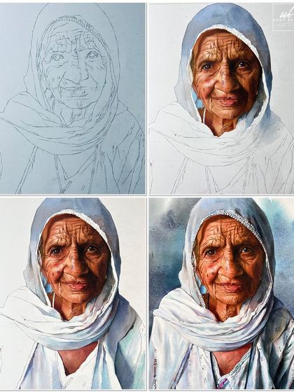 A step-by-step grid showing the progression of a watercolor portrait, from the initial sketch to the final detailed painting. This is used to illustrate the process taught in my courses.