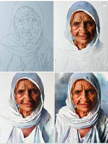 A step-by-step guide showing the progression of an advanced portrait, from the initial sketch to the final detailed painting.