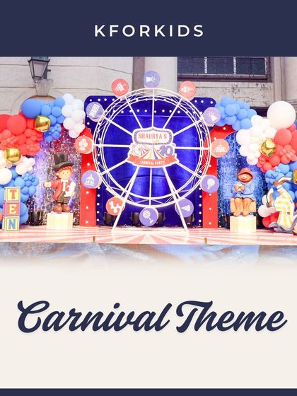 A closer look at a carnival theme backdrop, featuring a large ferris wheel centerpiece surrounded by red and blue balloon garlands. This setup is perfect for photos and as a stage background.