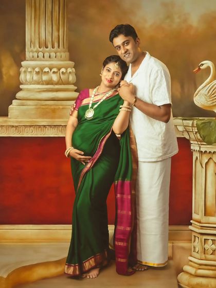 A beautiful couple's portrait against a painterly backdrop, evoking the romance and artistry of a classic painting.