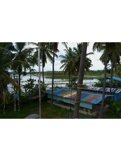 A view of our resort buildings and the lake, framed by tall palm trees.