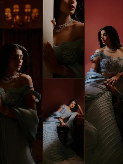 A triptych of the bride in her beautiful blue gown. This collage explores different angles and poses within the same setting, creating a dynamic and visually interesting story.
