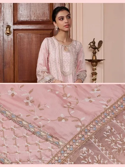 More details of the Briti Pink Kurta Set, showing the beautiful fabric and embroidery work on the dupatta.