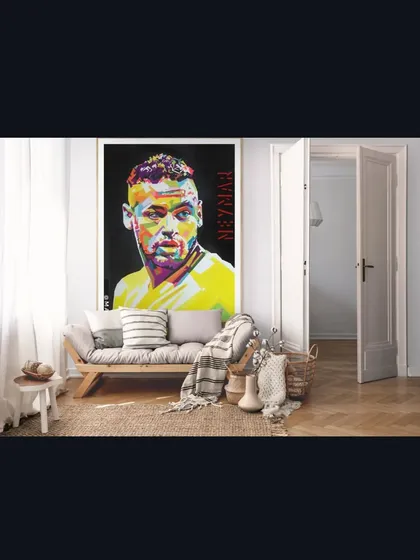 A large-scale pop art portrait of Neymar, designed as a statement piece for a modern living room. This shows how a custom canvas painting can become the focal point of your home decor, bringing energy and personality to the space.