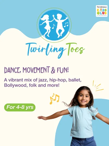Twirling Toes is our vibrant dance, movement, and fun program for children aged 4 to 8. We explore a mix of jazz, hip-hop, ballet, Bollywood, and folk, giving kids a wide range of styles to enjoy and express themselves with.