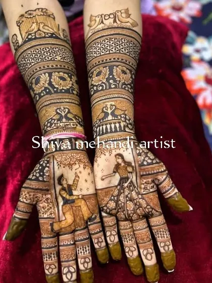 This design features a playful depiction of a couple dancing, capturing a moment of joy. The surrounding patterns include traditional peacock and geometric elements.
