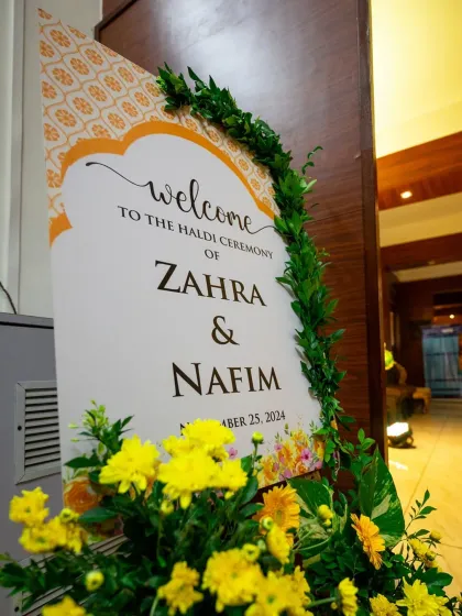 The welcome sign for the Haldi ceremony, a great detail shot that sets the scene for the event.