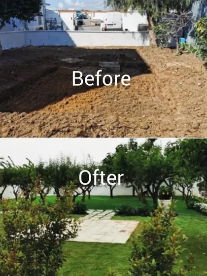 A simple before and after look at one of our garden makeovers. We took a barren piece of land and turned it into a lush green space with healthy trees, a new lawn, and a paved seating area.