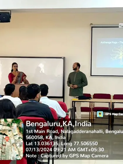 As a resource person for Christ University, we conduct a lecture on the principles of yoga for BCom students. This image shows us explaining the concept of the Anahata (Heart) Chakra, bridging traditional yogic knowledge with modern academic settings to promote holistic student wellness.
