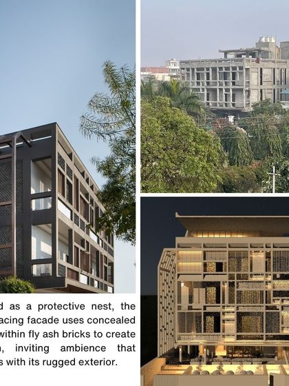 This collage shows the evolution of the facade from a raw construction site to a finished render and the final built form. The design is a protective nest with a warm, inviting ambiance.