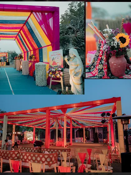 An overview of the colorful Sangeet setup. The entrance tunnel, floral arrangements, and canopy were all designed with a vibrant, festive palette.