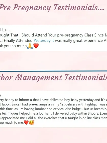 A student with pre-eclampsia and a disc bulge was scared but delivered her baby in 3 hours using our breathing techniques. Another was happy to finally attend our pre-pregnancy class.