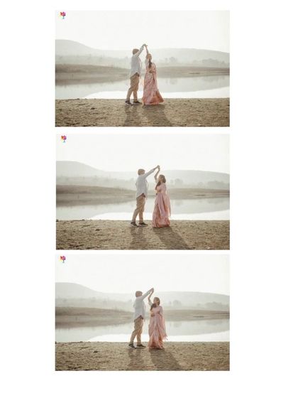 A sequential collage of a couple dancing by the lake, capturing the graceful movement and romance of the moment.