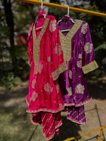 My Gota Patti sharara sets in fuchsia and purple. The velvet fabric is so luxurious.